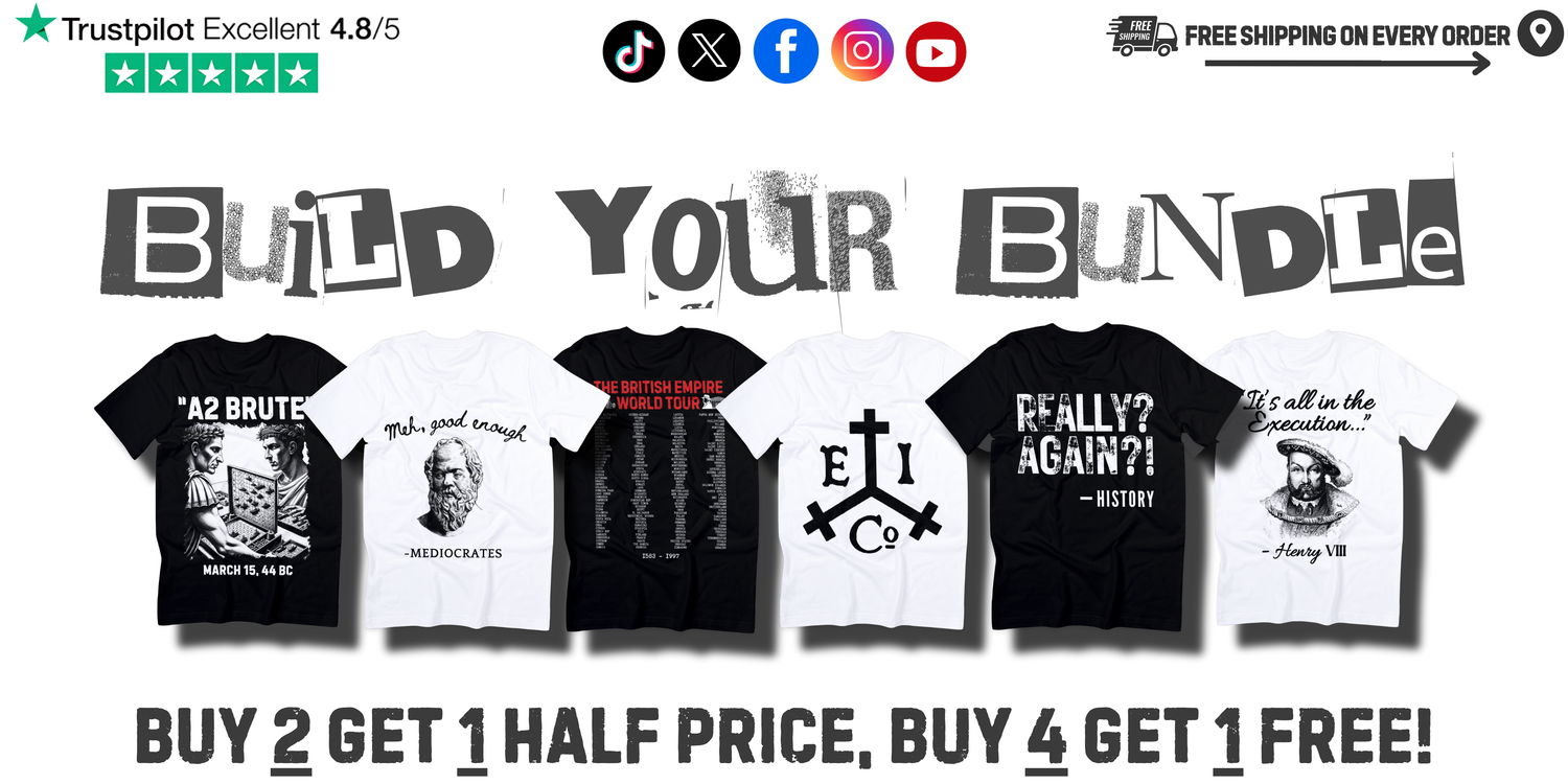 Wild History Company Page Header. The World's Largest History Store, Free Express delivery with every order. Rated Excellent on Trustpilot. Build your ultimate history t-shirt bundle